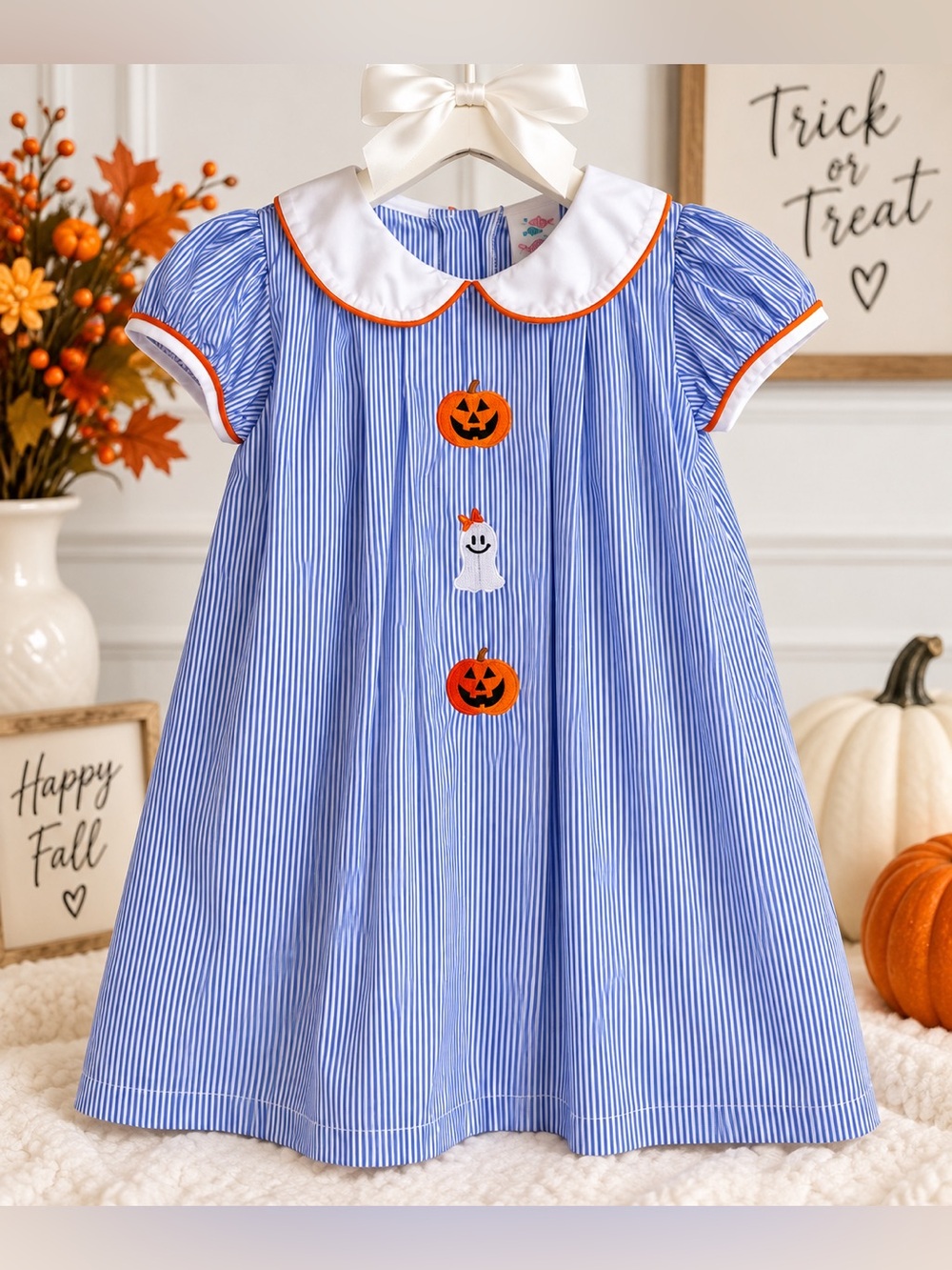 Stitchy Fish Girls Size 5 Halloween Pumpkin Ghost Pinstripe Dress